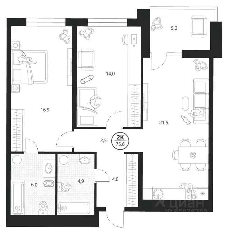 2-к кв. Тюменская область, Тюмень ул. Разведчика Кузнецова, 16 (75.6 ... - Фото 0