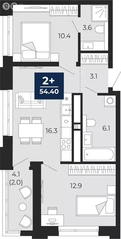 2-комнатная квартира: Тюмень, Ленинский округ (54.45 м) - Фото 0