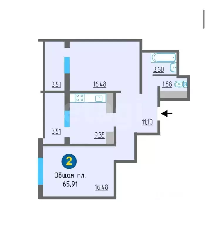 2-к кв. Калужская область, Калуга ул. Минская, 24 (65.91 м) - Фото 2