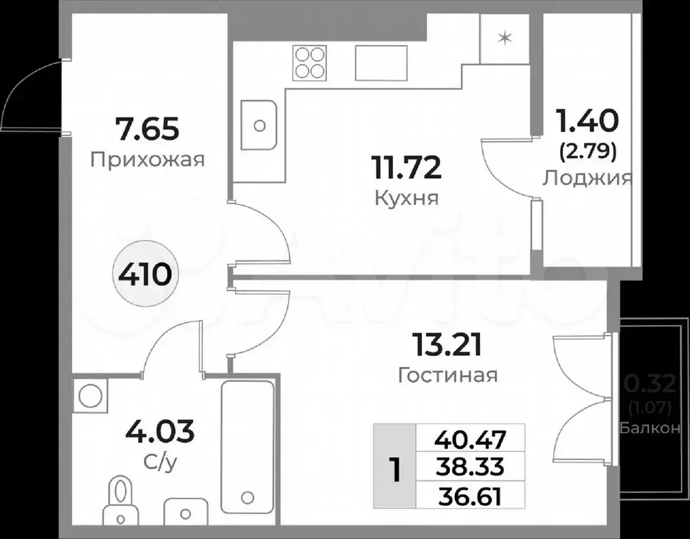 1-к. квартира, 38,3м, 10/10эт. - Фото 1