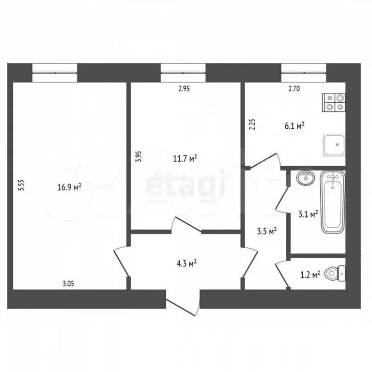 2-к. квартира, 47 м, 3/3 эт. - Фото 0