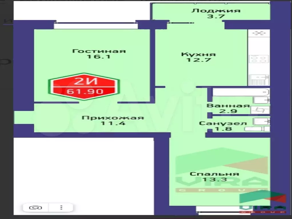 2-к. квартира, 61,9 м, 7/14 эт. - Фото 1