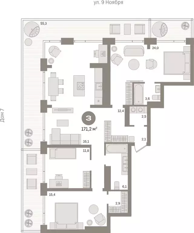 3-комнатная квартира: Новосибирск, улица Декабристов, 107/6 (171.16 м) - Фото 1