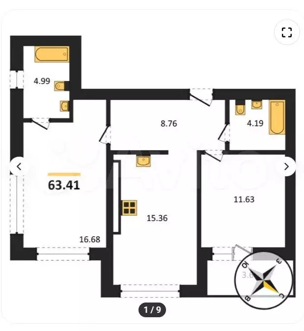 2-к. квартира, 63,4 м, 2/9 эт. - Фото 1