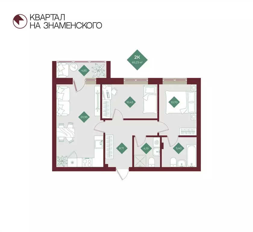 2-комнатная квартира: Тобольск, микрорайон 3Б, 6Бк2 (65.23 м) - Фото 0