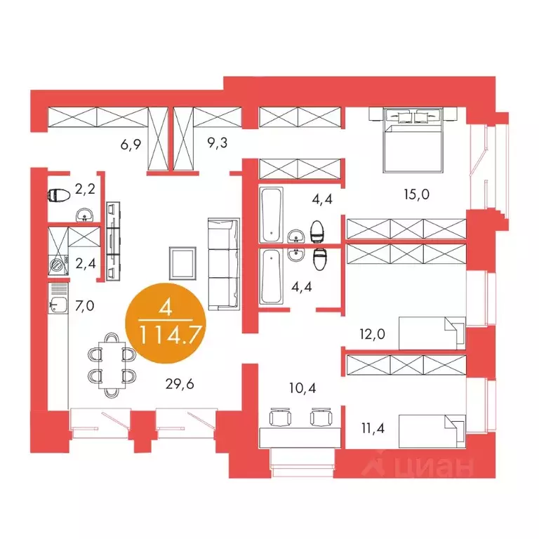 4-к кв. Красноярский край, Красноярск ул. Шахтеров, 33А (114.7 м) - Фото 0