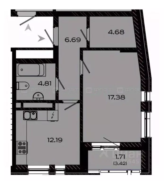1-к кв. Татарстан, Казань ул. Галиаскара Камала, 39 (47.8 м) - Фото 2