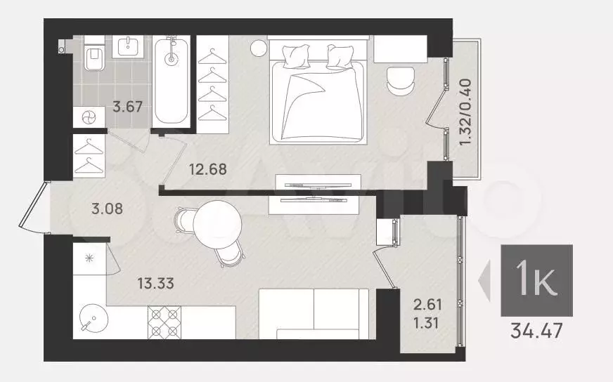 1-к. квартира, 34,5 м, 9/9 эт. - Фото 1