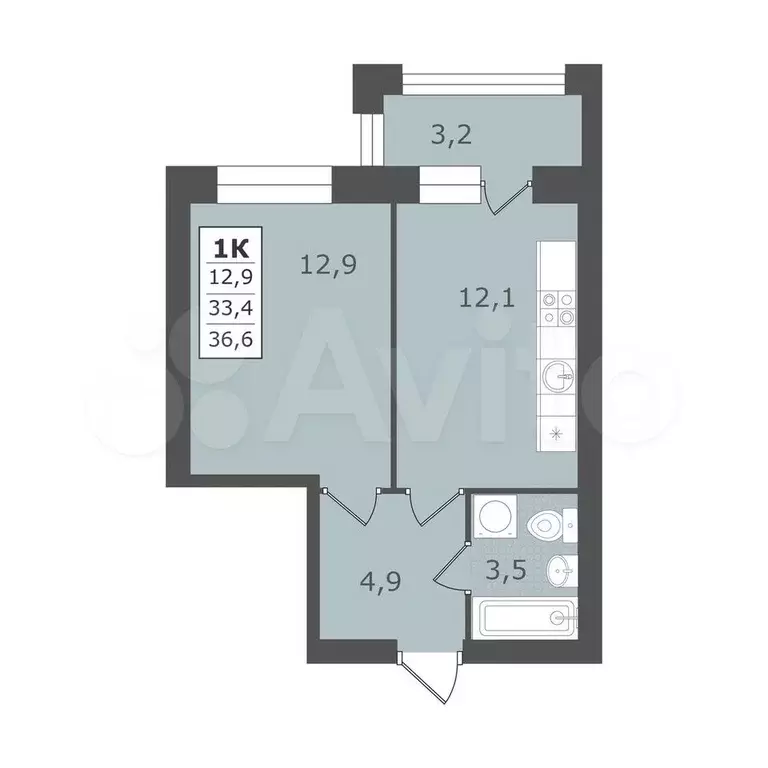 1-к. квартира, 36,6 м, 4/5 эт. - Фото 0