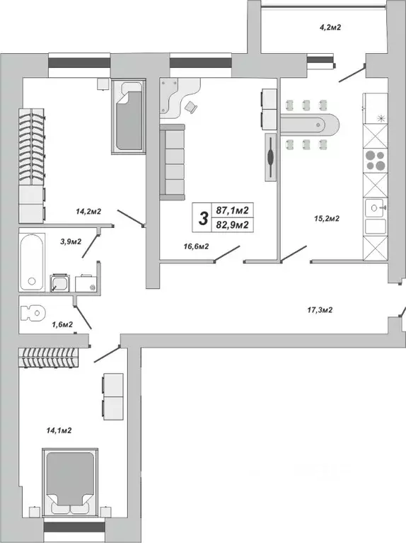 3-к кв. Тамбовская область, Тамбов ул. Чичерина, 7/1к3 (87.1 м) - Фото 0