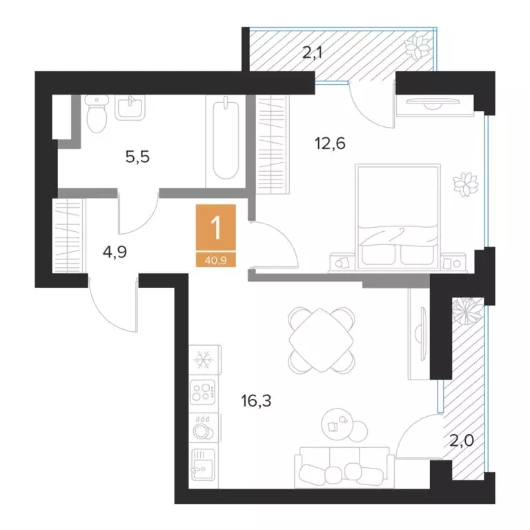 1-комнатная квартира: Курск, ЖК Парковый квартал Чувства (40.9 м) - Фото 1