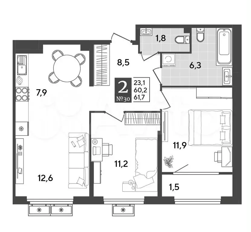 2-к. квартира, 61,7 м, 7/9 эт. - Фото 1