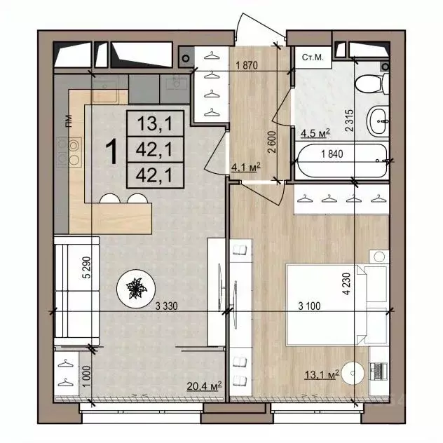1-к кв. Рязанская область, Рязань ул. Новоселов, 33Б (42.1 м) - Фото 1