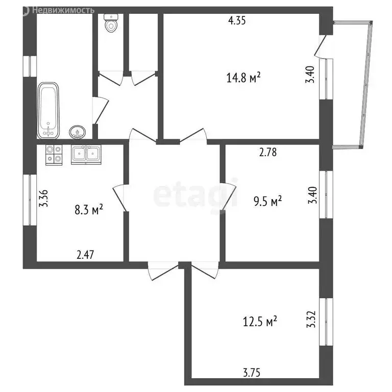 3-комнатная квартира: Тобольск, 1-я Вокзальная улица, 28 (65.4 м) - Фото 1