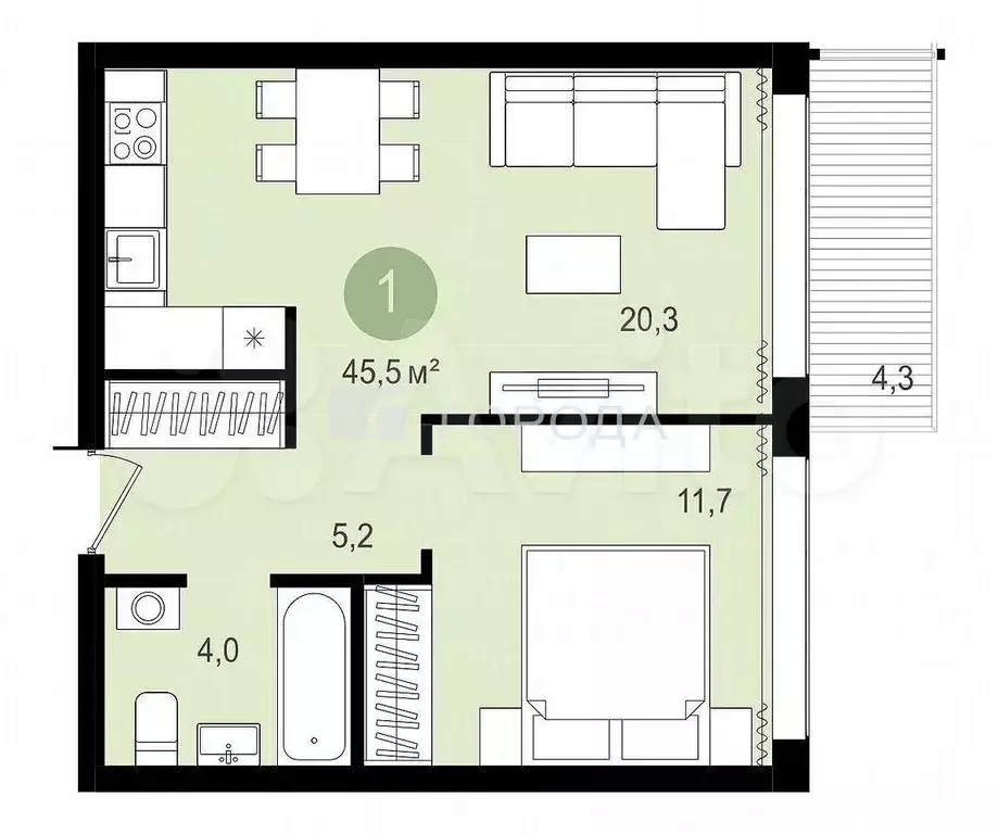1-к. квартира, 45 м, 6/9 эт. - Фото 0