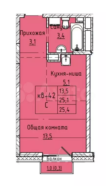 Квартира-студия, 25,4 м, 3/8 эт. - Фото 0