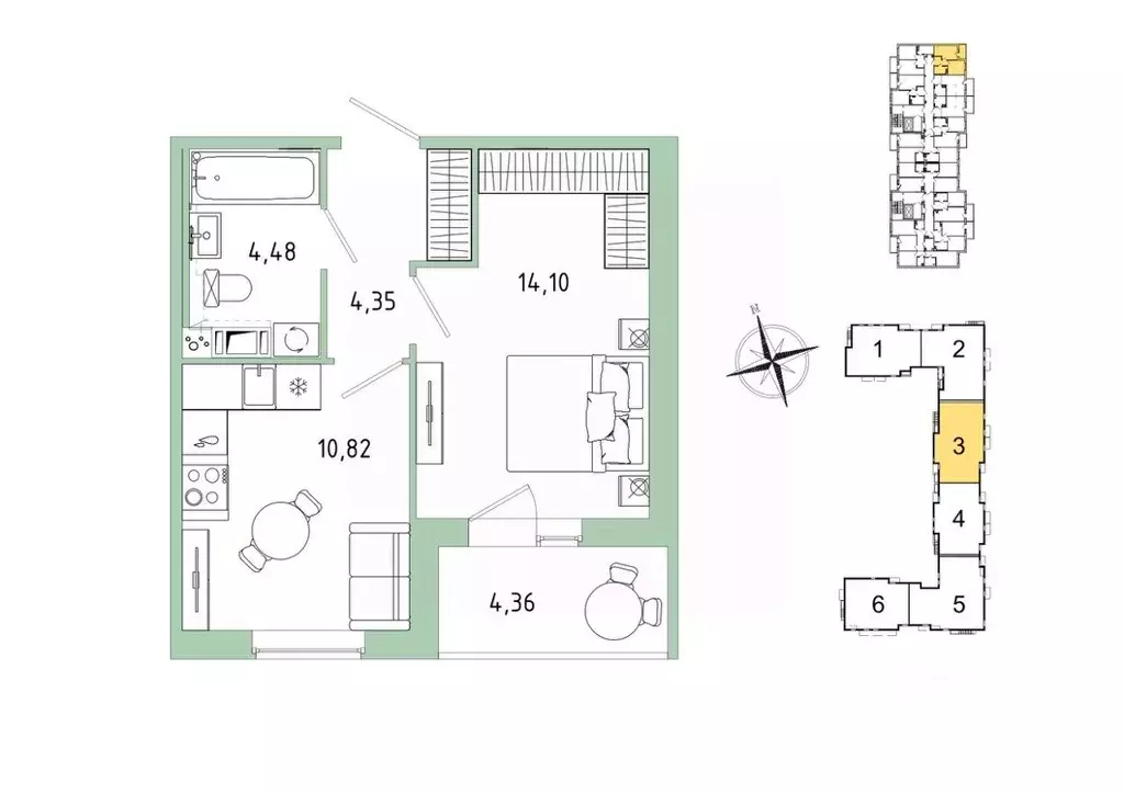 Квартира, 1 комната, 35.93 м - Фото 1