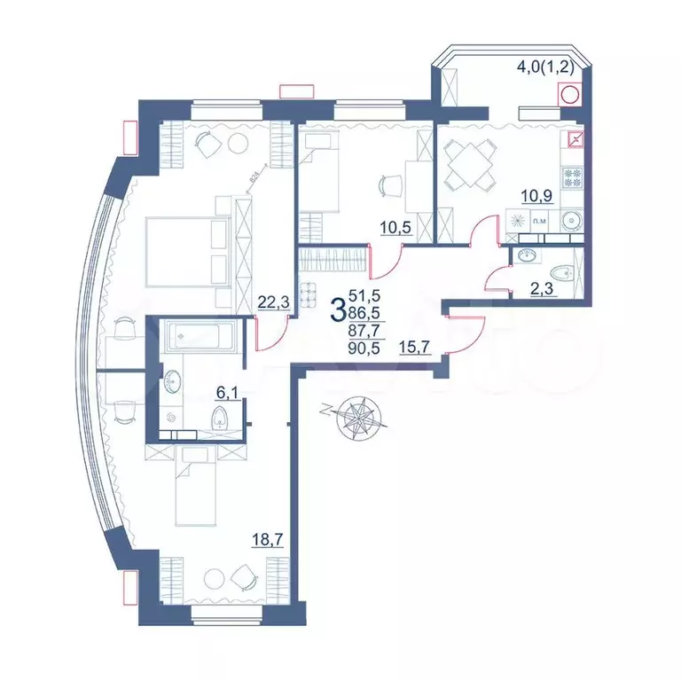 3-к. квартира, 90,5м, 3/9эт. - Фото 1