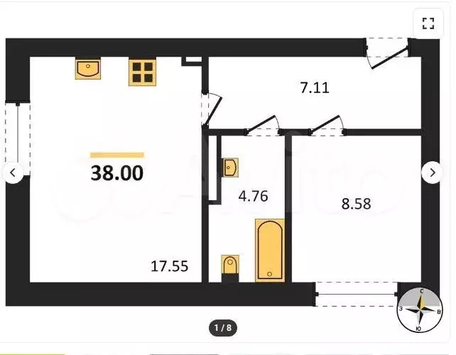 1-к. квартира, 38 м, 1/5 эт. - Фото 1