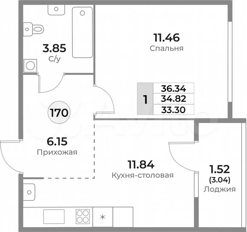 1-к. квартира, 34,8 м, 8/10 эт. - Фото 1