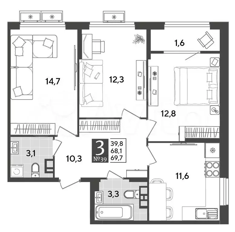 3-к. квартира, 69,7 м, 9/9 эт. - Фото 1