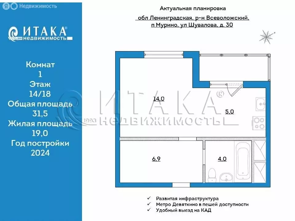 1-комнатная квартира: Мурино, улица Шувалова, 30 (31.5 м) - Фото 0