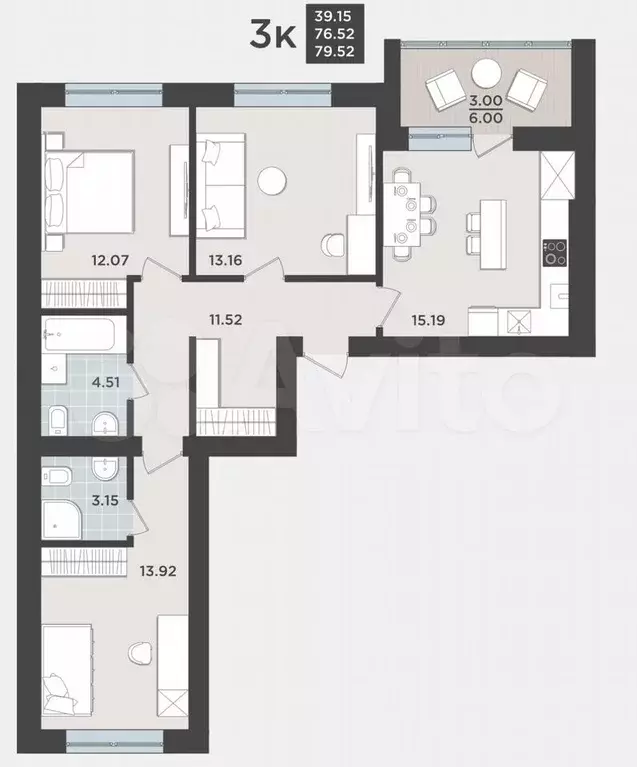 3-к. квартира, 79,5 м, 5/9 эт. - Фото 1