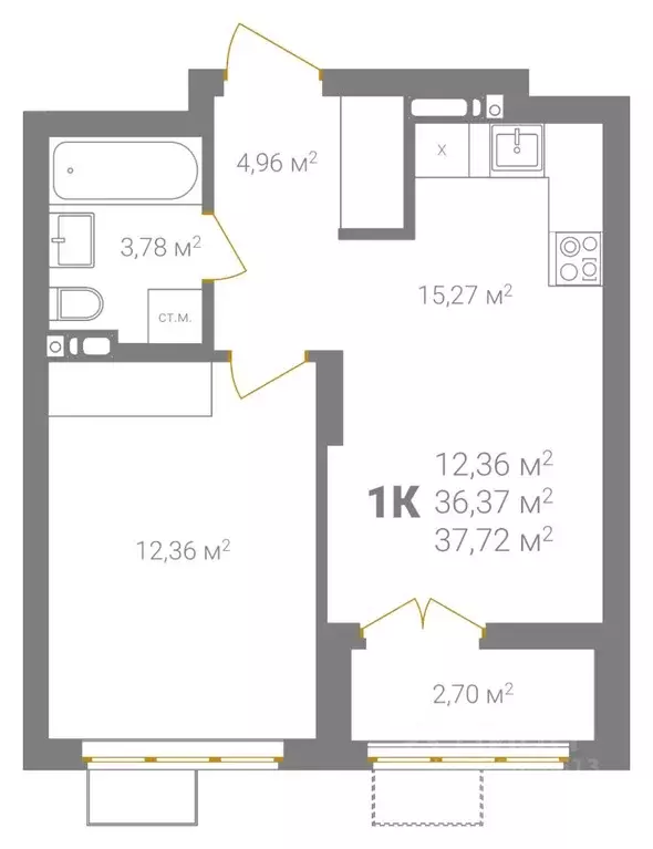 1-к кв. Нижегородская область, Нижний Новгород Ветеринарная ул. (37.72 ... - Фото 1