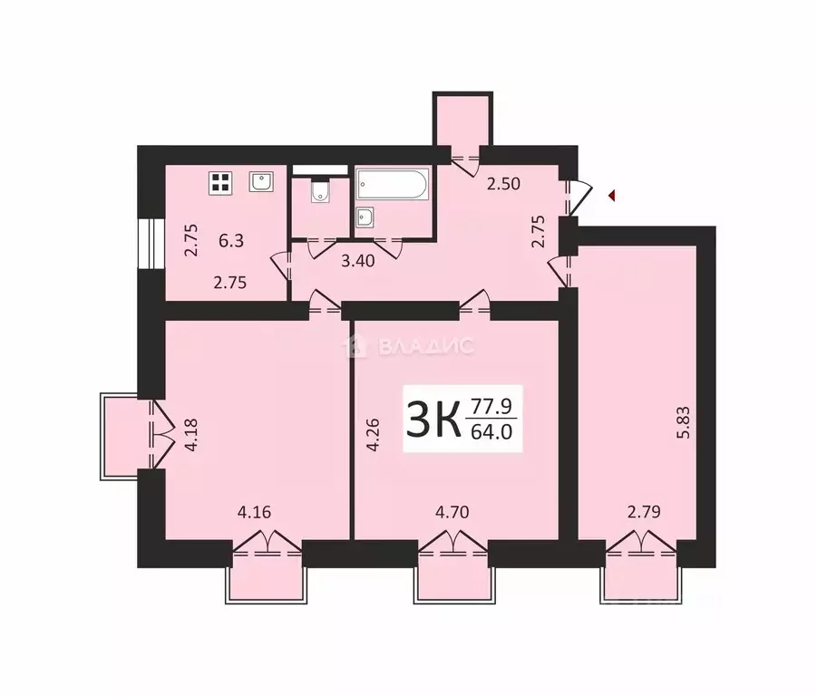 3-к кв. Владимирская область, Владимир ул. Горького, 66 (77.9 м) - Фото 1