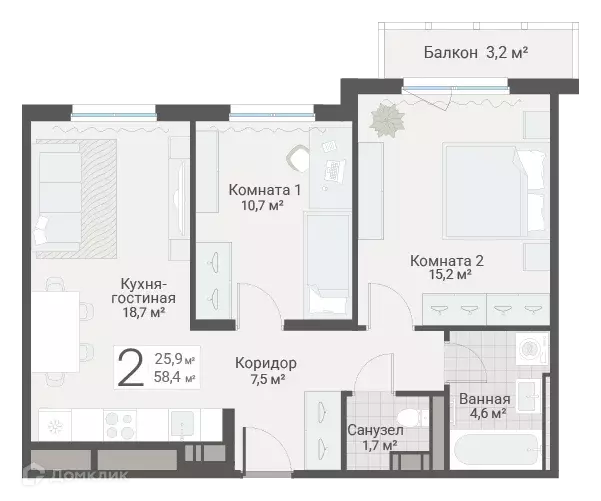 Продаётся 2-к квартира, 58.4 м - Фото 0