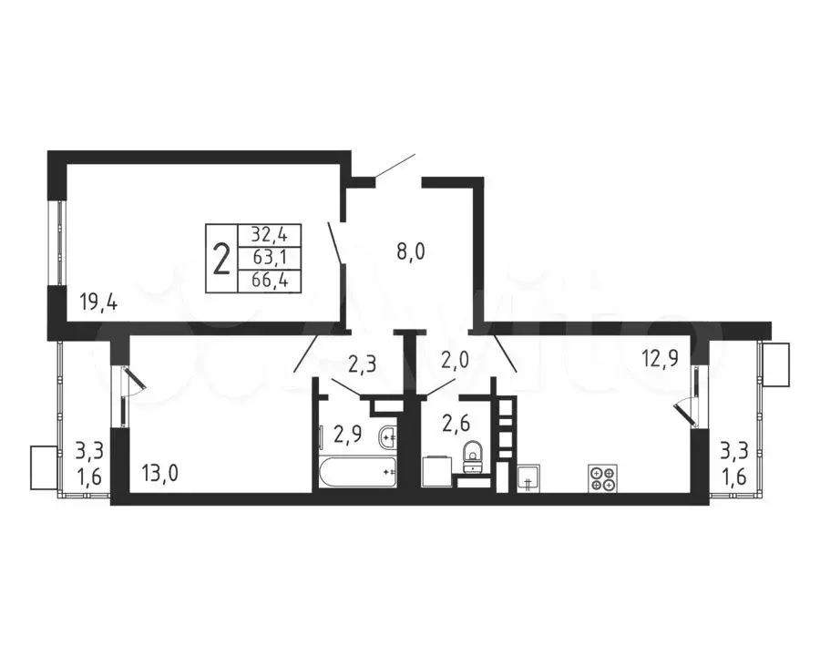 2-к. квартира, 66,4 м, 5/9 эт. - Фото 0