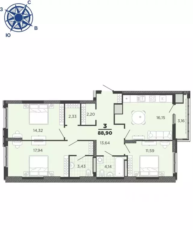 3-к кв. Рязанская область, Рязань Академик жилой комплекс (88.9 м) - Фото 1