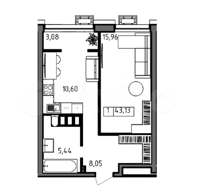 1-к. квартира, 43,1 м, 22/23 эт. - Фото 1