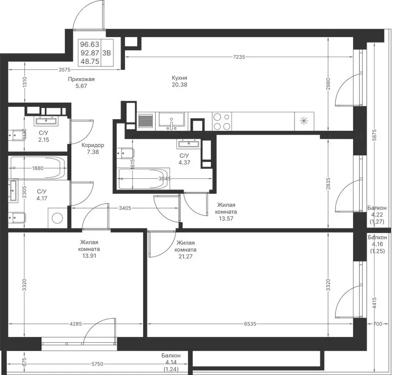 3-комнатная квартира: Казань, ЖК Мой Ритм, ПК14 (96.63 м) - Фото 1