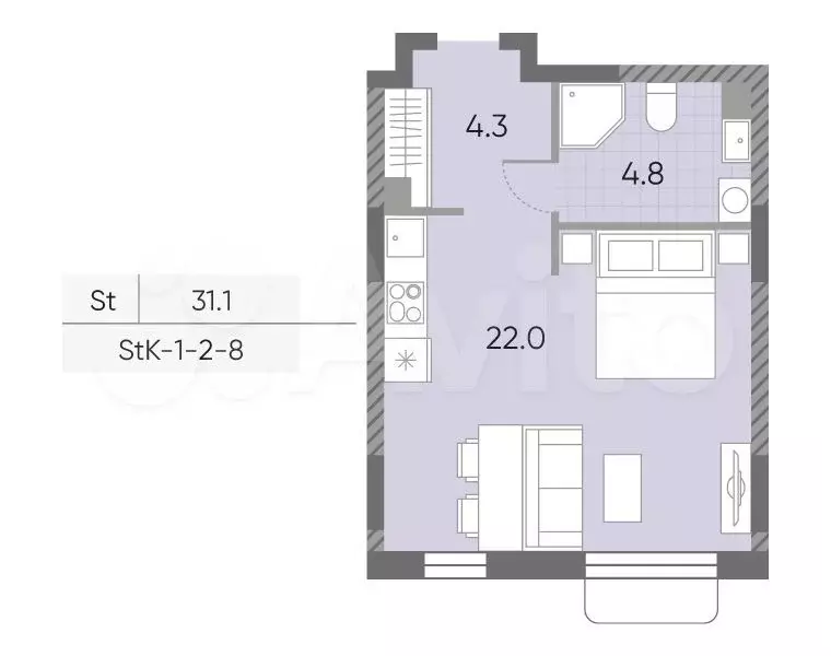 Квартира-студия, 31,1 м, 6/8 эт. - Фото 0