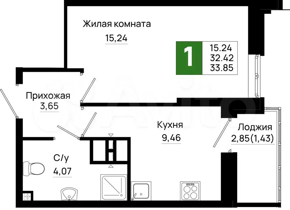 1-к. квартира, 33,9 м, 6/25 эт. - Фото 1