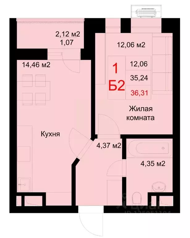 1-к кв. Татарстан, Казань ул. Рауиса Гареева, 78Б (36.31 м) - Фото 0
