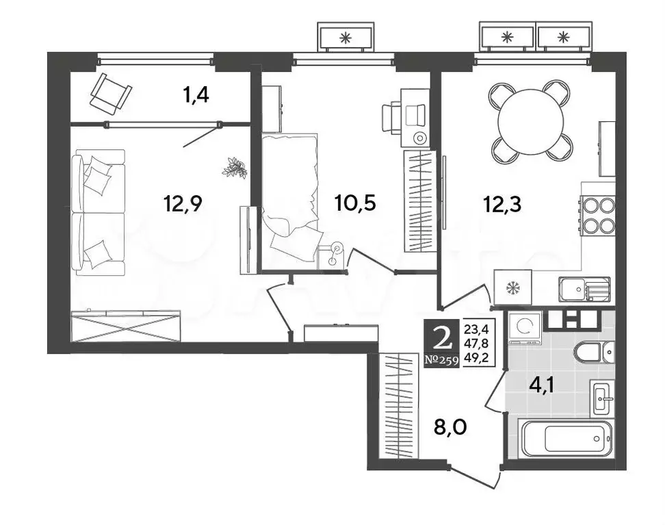 2-к. квартира, 49,2 м, 5/9 эт. - Фото 1