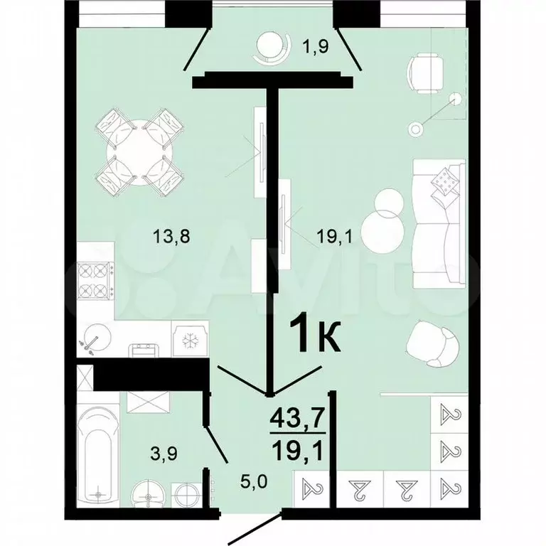 1-к. квартира, 43,7м, 3/8эт. - Фото 0