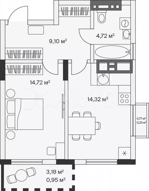 1-к. квартира, 44 м, 7/7 эт. - Фото 1