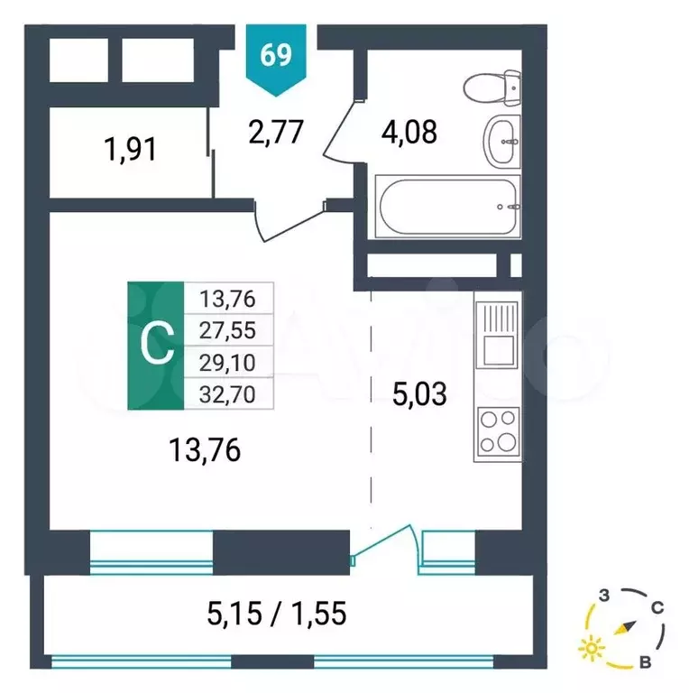 Квартира-студия, 29,1 м, 5/12 эт. - Фото 0