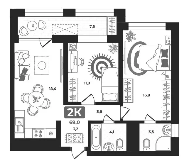 2-комнатная квартира: Тюмень, улица Разведчика Кузнецова, 16 (68.5 м) - Фото 1
