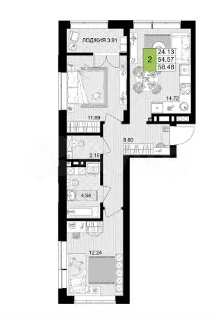 2-к. квартира, 58,5 м, 2/7 эт. - Фото 1