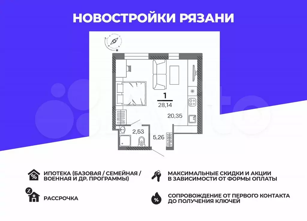 1-к. квартира, 28,1 м, 20/25 эт. - Фото 0