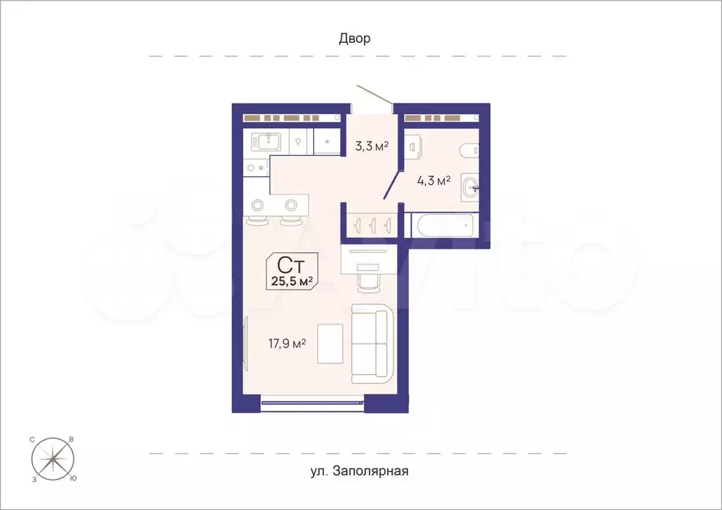 Квартира-студия, 25,5 м, 8/15 эт. - Фото 1