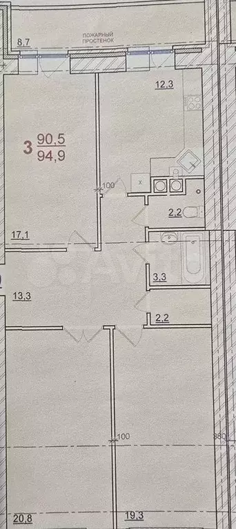 3-к. квартира, 94,9 м, 1/7 эт. - Фото 0