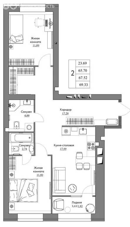 2-комнатная квартира: Калуга, Счастливая улица, 11Б (69.33 м) - Фото 1