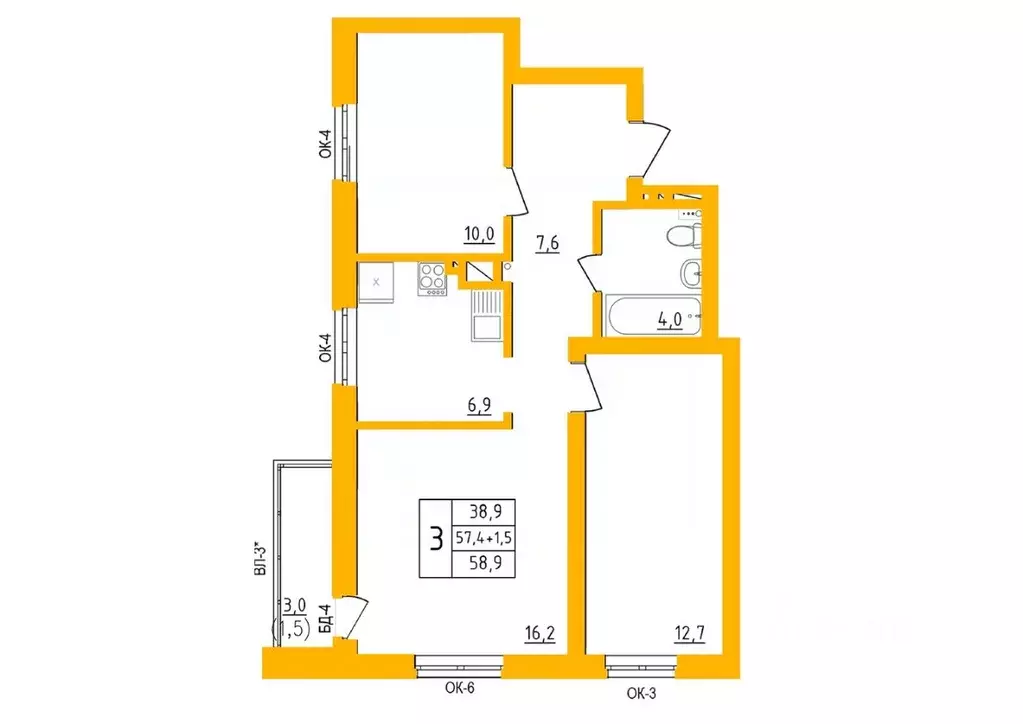 3-к кв. Башкортостан, Уфа Инорс-4Б мкр, Акварель жилой комплекс (58.7 ... - Фото 1