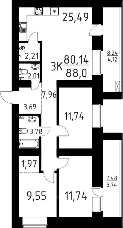 3-к кв. Томская область, Томск ул. Вершинина, 58к1 (88.0 м) - Фото 0