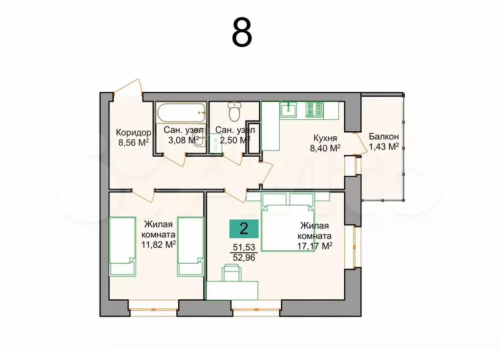 1-к. квартира, 53 м, 4/9 эт. - Фото 0
